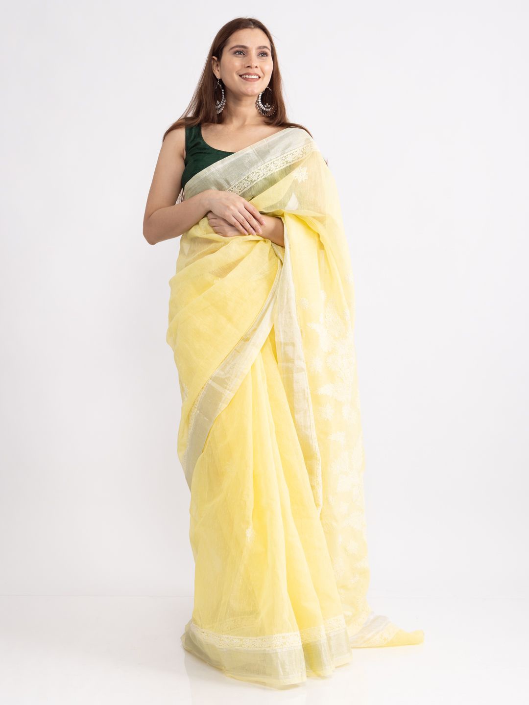 

Hastya Kala Ethnic Motifs Chikankari Chanderi Saree, Yellow
