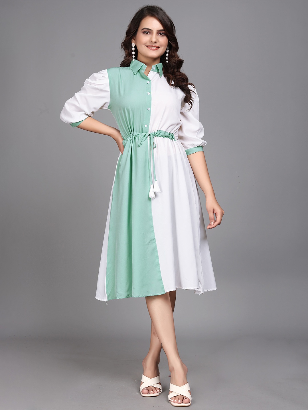 

ZELZIS Colourblocked Puff Sleeve Shirt Dress, Sea green