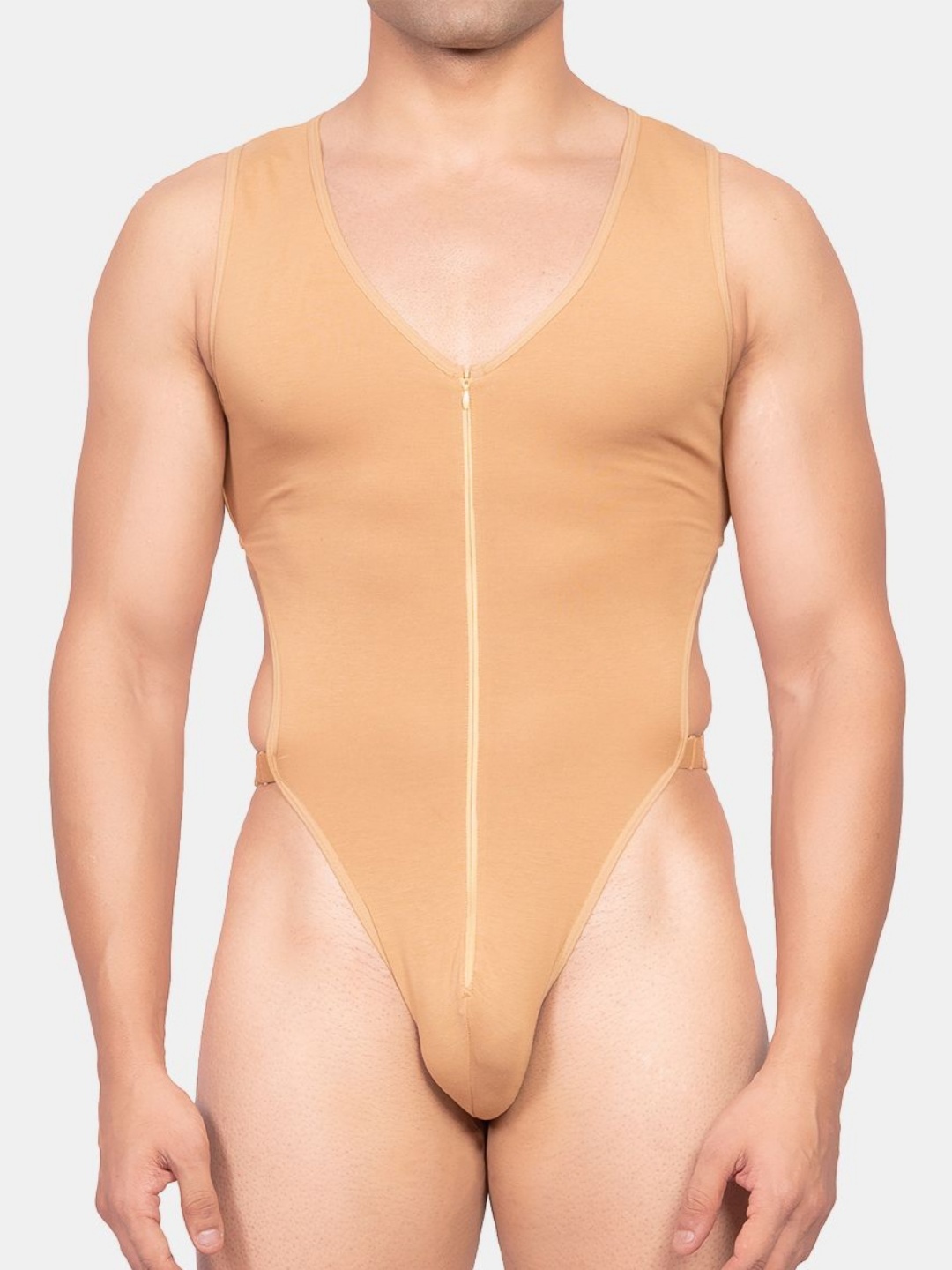 

EROBOLD V-Neck Zipper Frontline Slim Fit Cotton Bodysuit, Tan