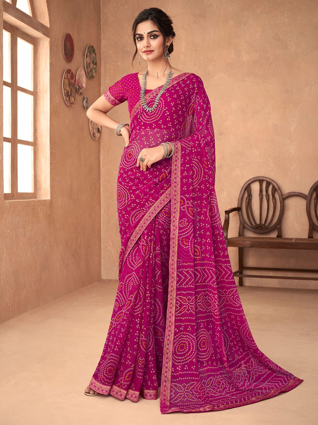 

Panzora Bandhani Zari Poly Chiffon Saree, Pink