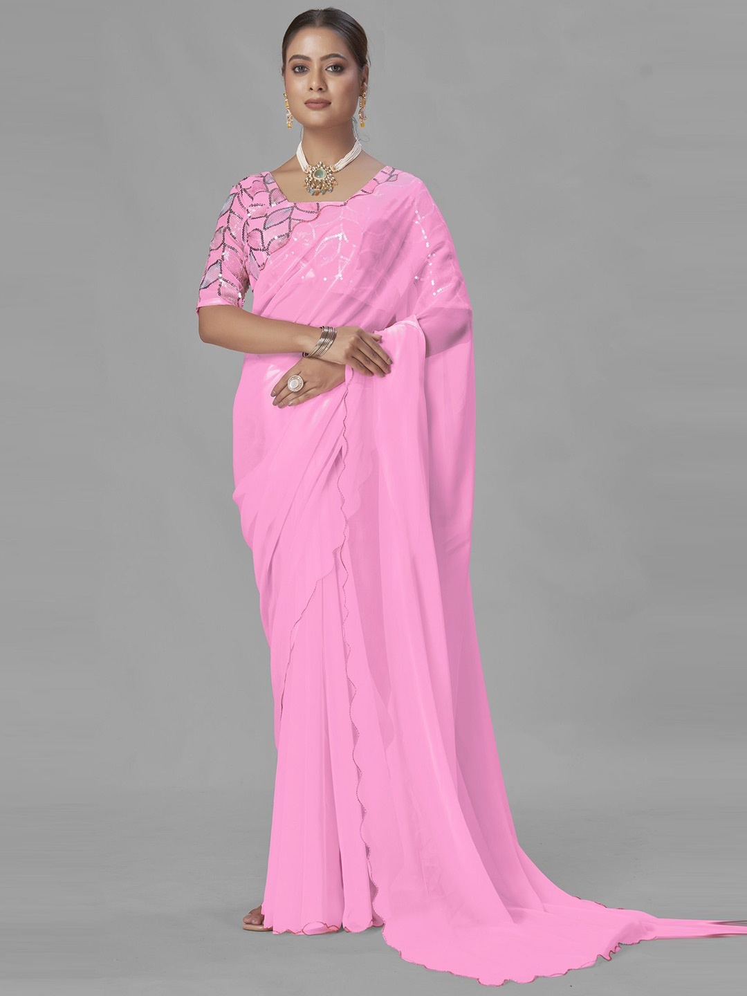 

Aika Solid Embroidered Pure Georgette Saree, Pink