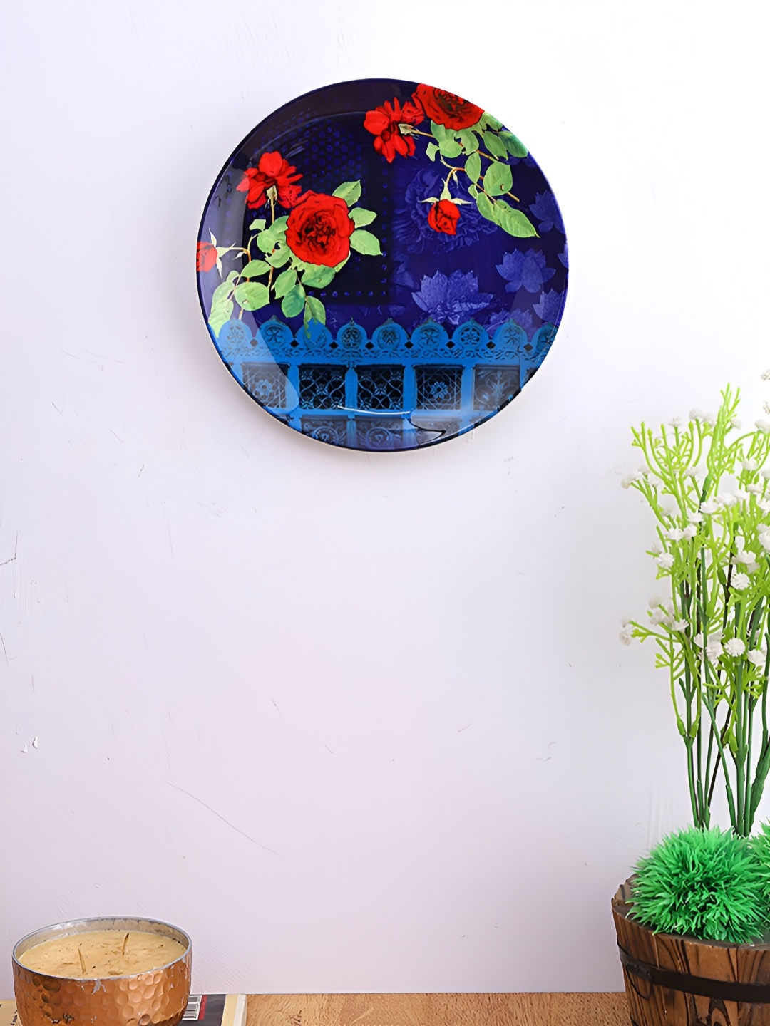 

PENTADECO Navy Blue & Red Floral Printed Ceramic Wall Plates