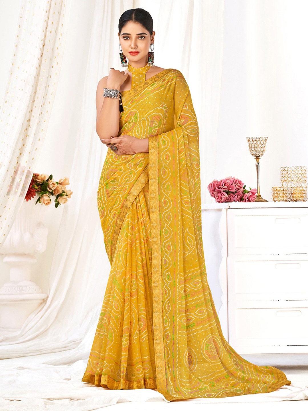 

Panzora Bandhani Printed Banarasi Border Zari Saree, Yellow