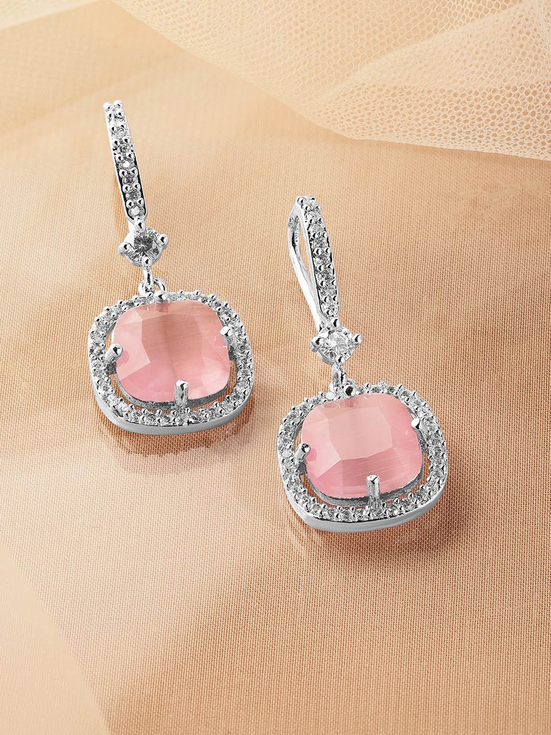 

Rubans Rhodium Plated Pastel Pink & Cubic Zirconia Studded Premium Drop Earrings, Silver