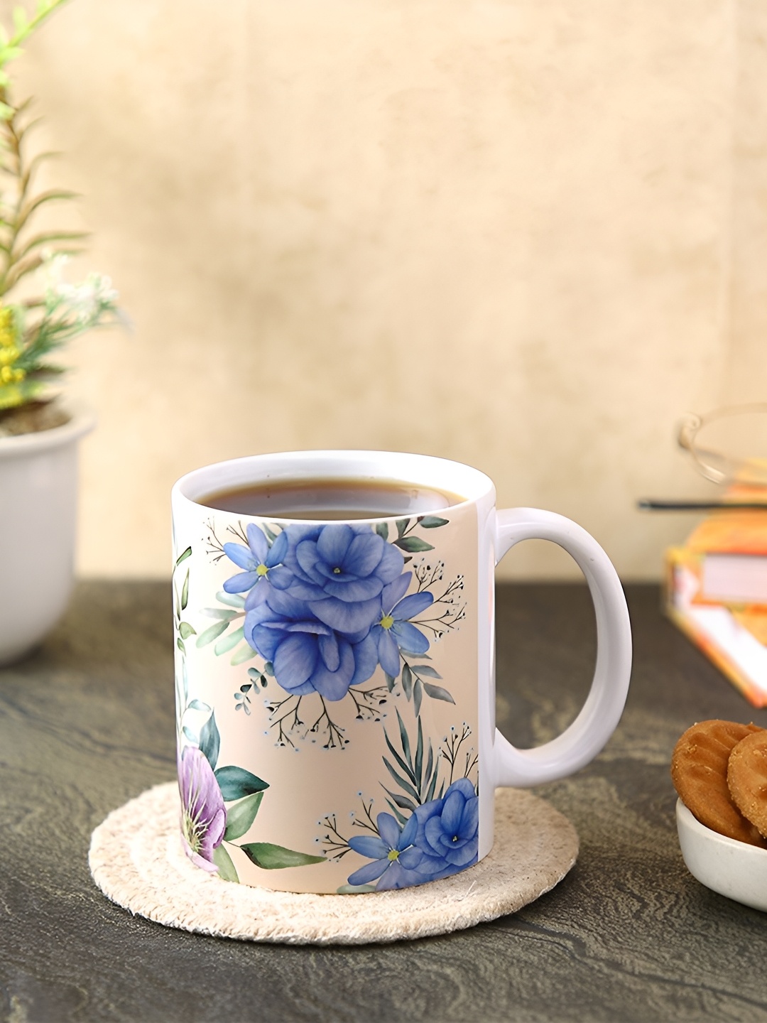 

PENTADECO Cream-Coloured & Blue Floral Printed Ceramic Glossy Coffee Mug