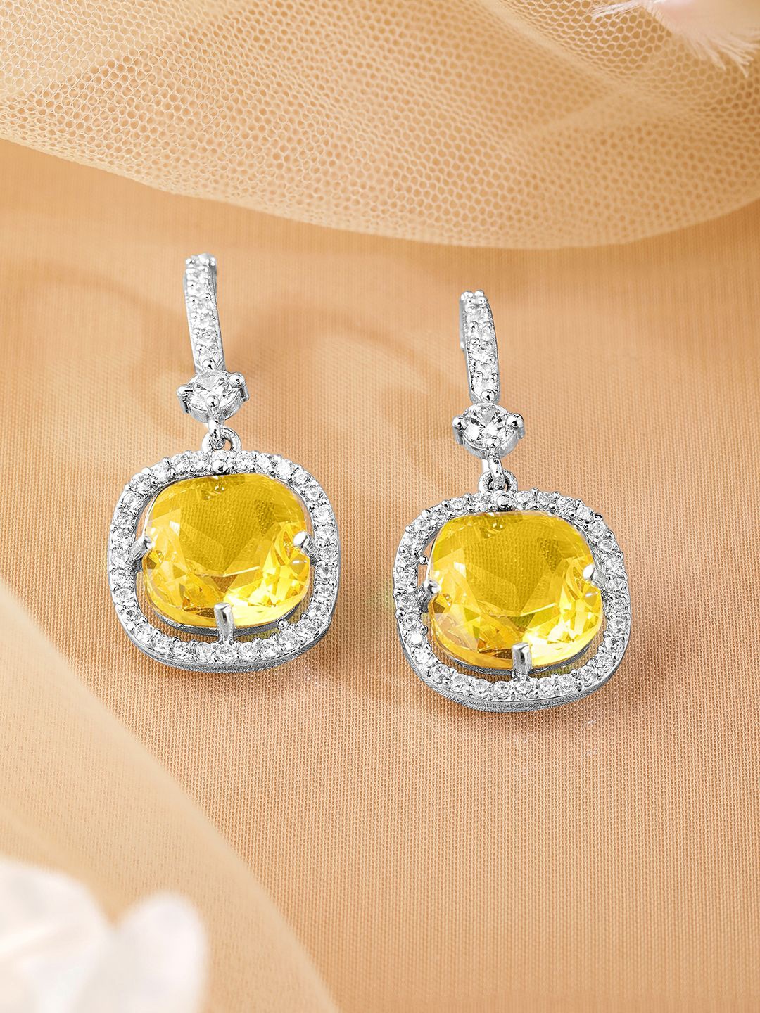 

Rubans Rhodium Plated Yellow Sapphire & Cubic Zirconia Studded Premium Drop Earrings, Silver