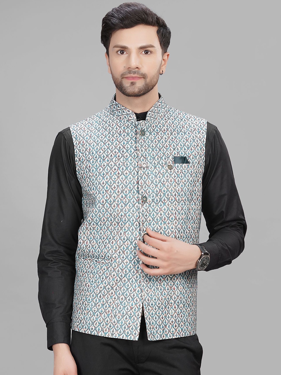

LA'SCOOT Printed Nehru Jacket, Green