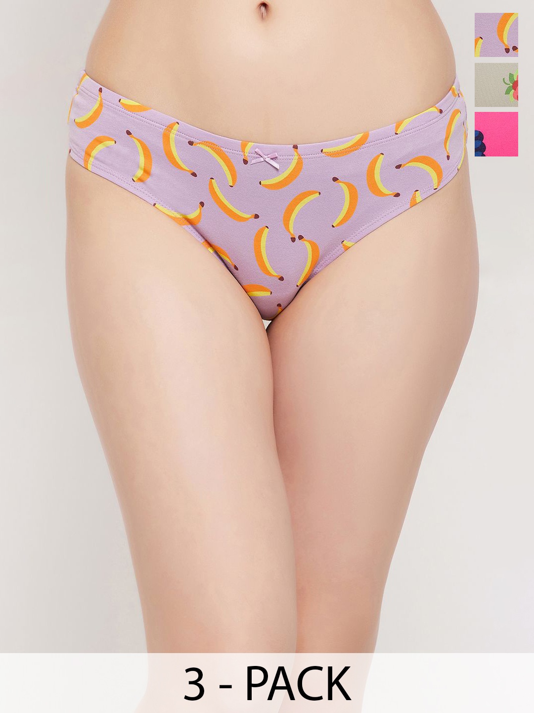 

Clovia Womnen Pack Of 3 Printed Cotton Low-Rise Thongs Briefs, Purple