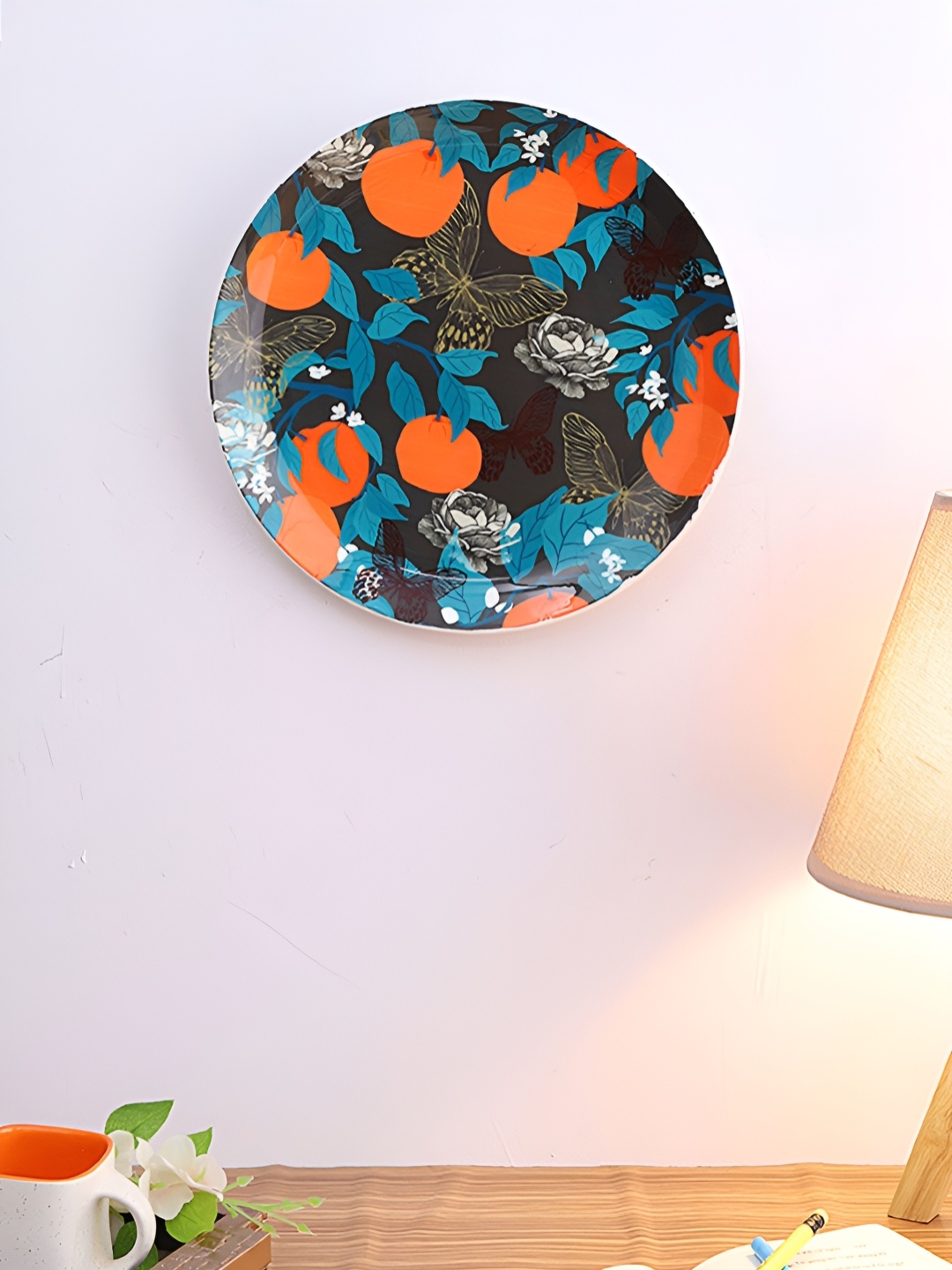 

PENTADECO Black & Orange-Colored Floral Printed Ceramic Wall Plate