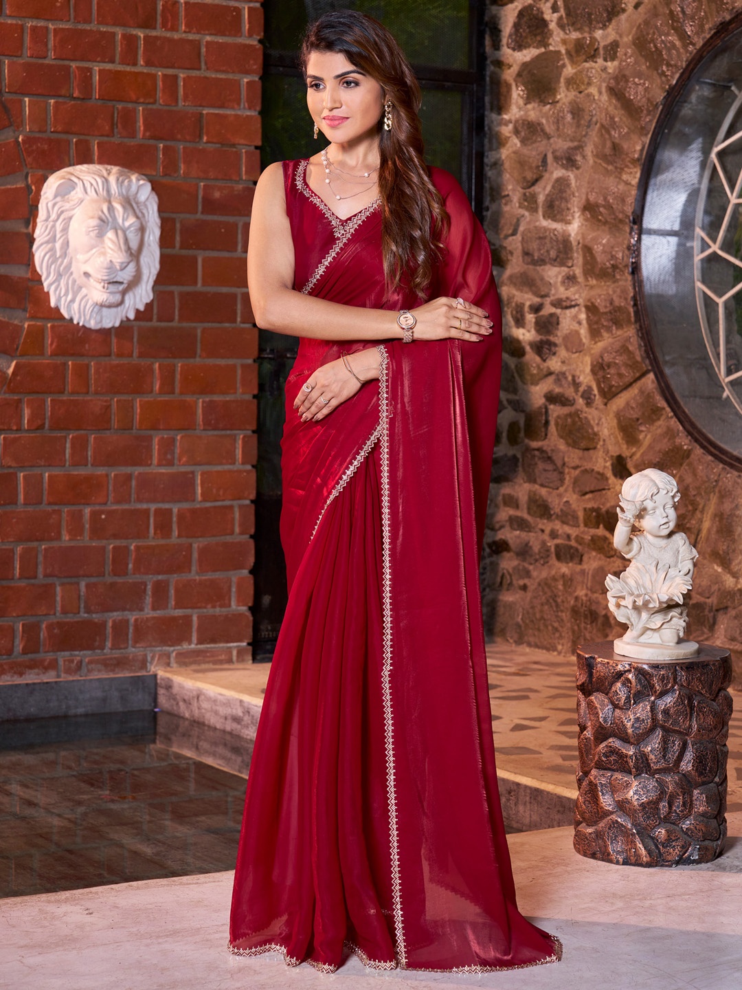 

Saree mall Embellished Beads and Stones Satin Sarees, Maroon