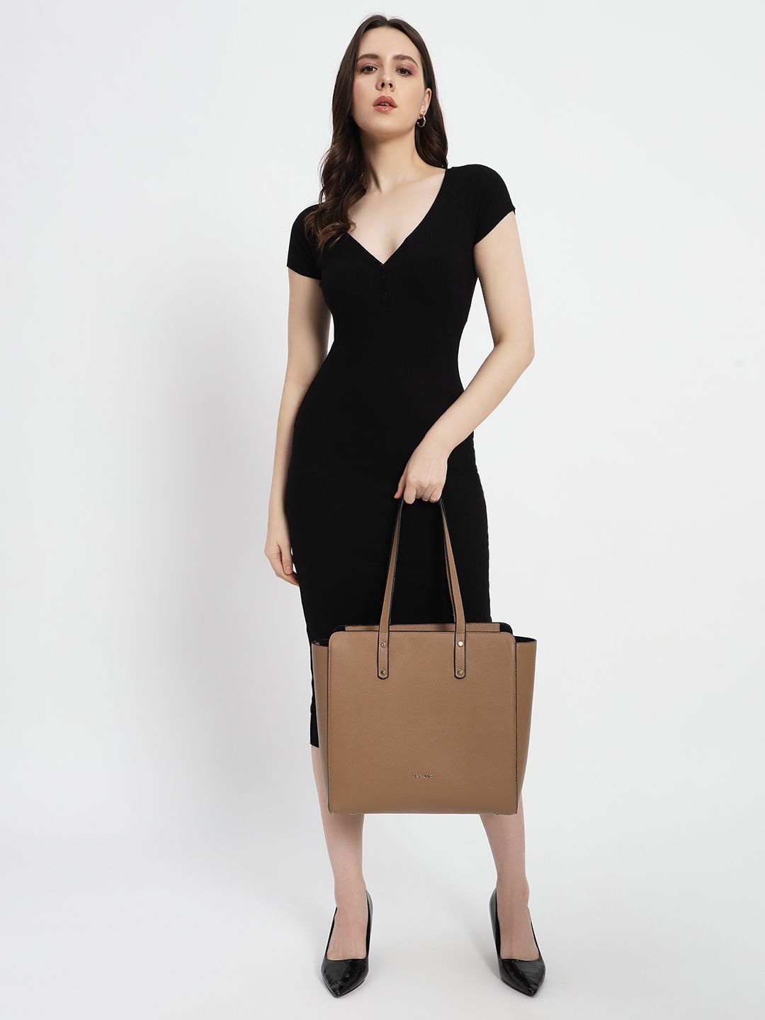 

THE GUSTO Textured PU Structured Tote Bag, Beige