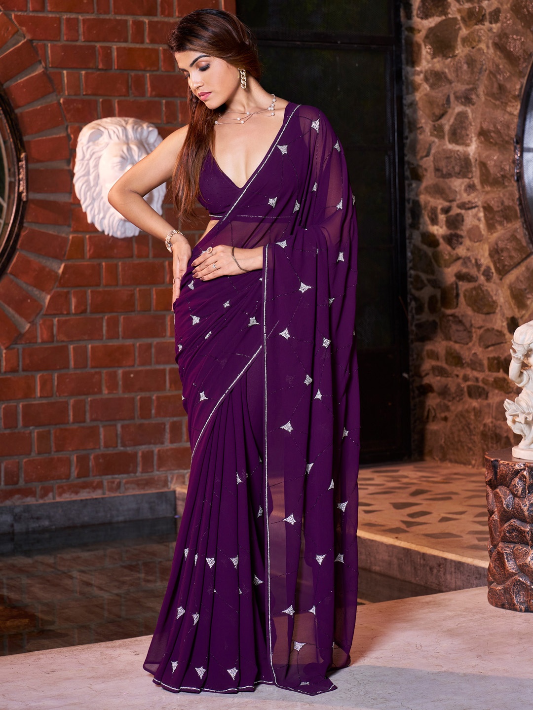 

Saree mall Embellished Beads and Stones Pure Georgette Sarees, Purple