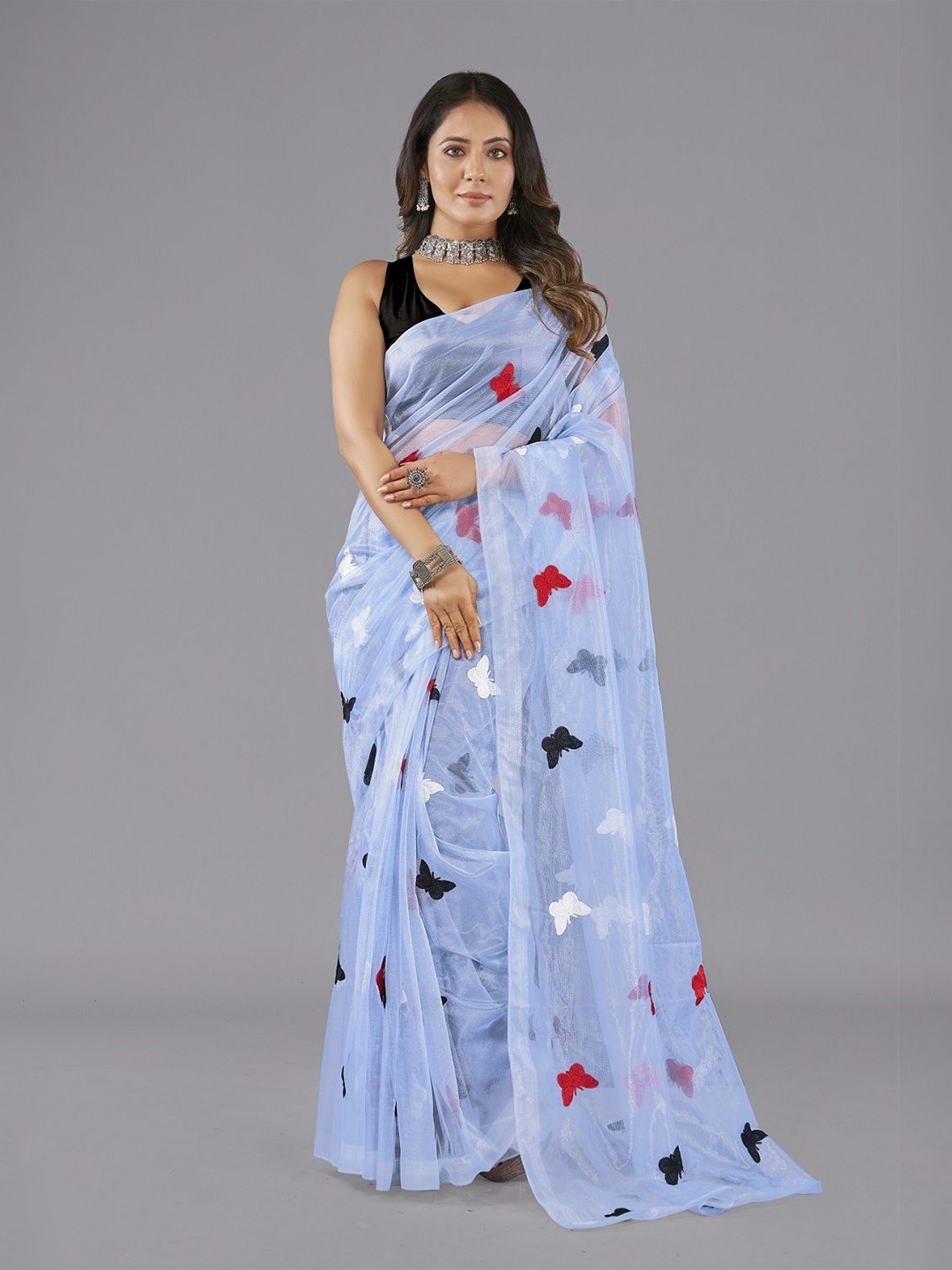 

APNISHA Ethnic Motifs Embroidered Net Saree, Turquoise blue