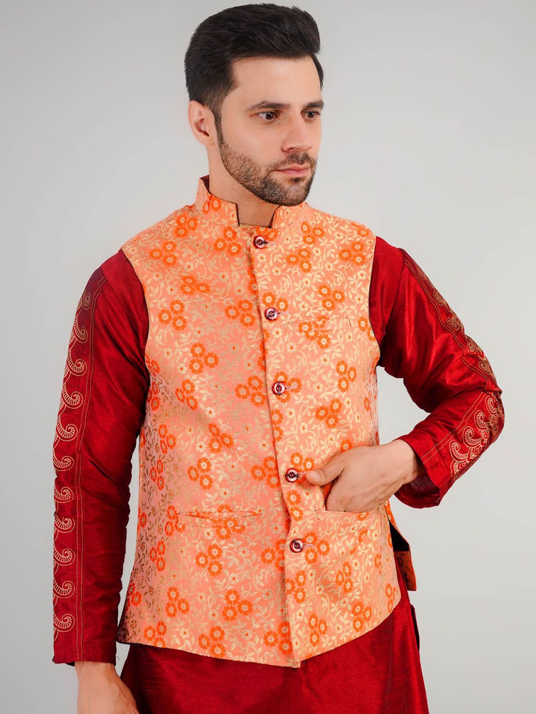 

Valencia Fashion Floral Woven Design Nehru Jacket, Orange