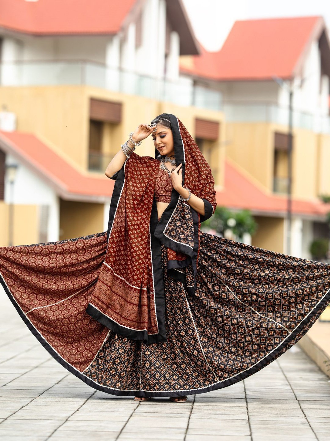 

ODETTE Printed Gotta Patti Cotton Ready to Wear Lehenga & Blouse With Dupatta, Black