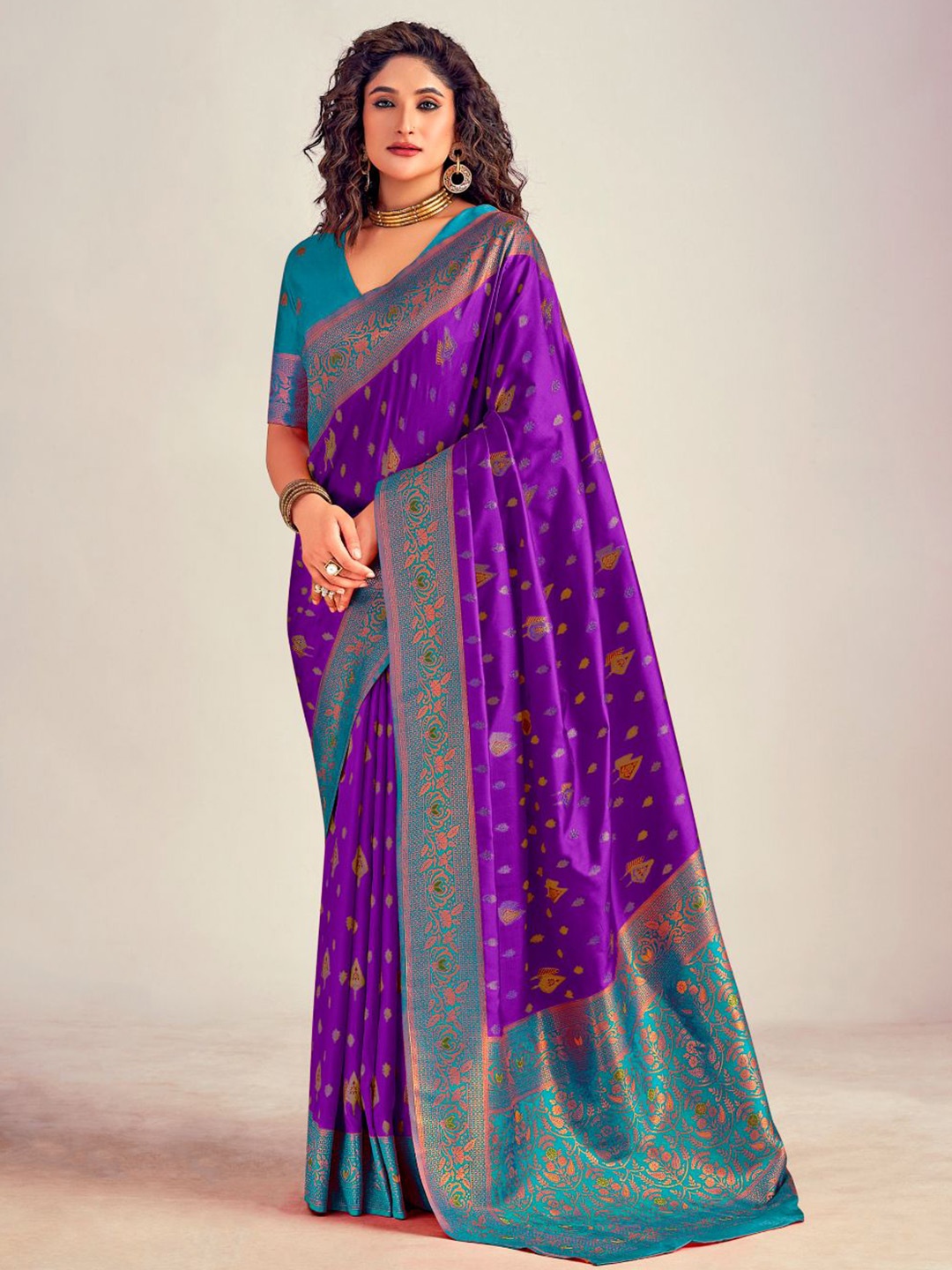 

NK Textiles Ethnic Motifs Zari Banarasi Saree, Purple