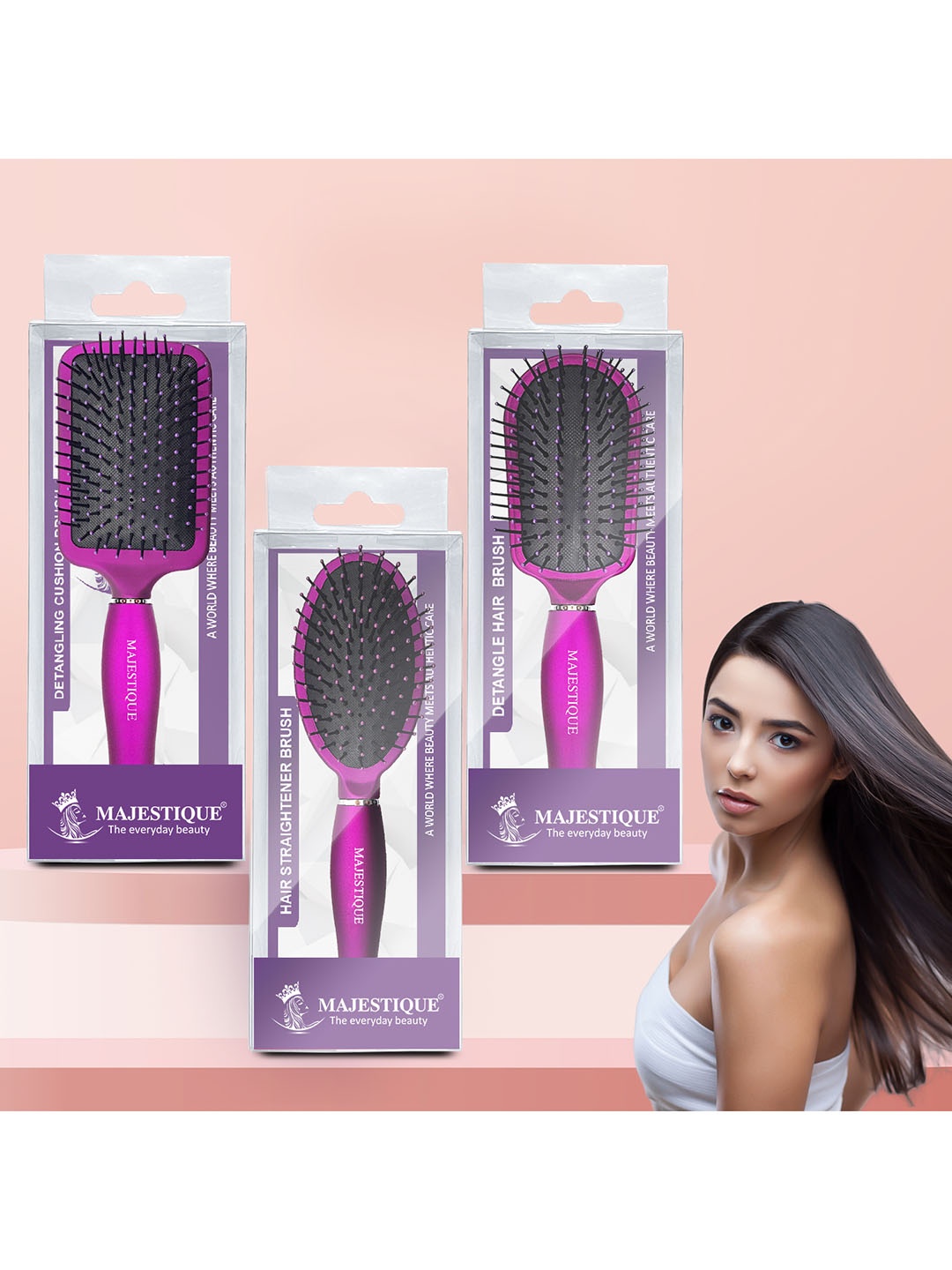 

MAJESTIQUE Set of 3 Detangling Cushion & Hair Straightener Brushes, Purple