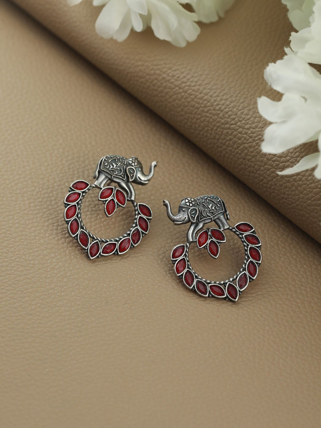 

Jazz and Sizzle Silver Plated Animal Shaped Artificial Stones Studded Oxidised Earrings, Red