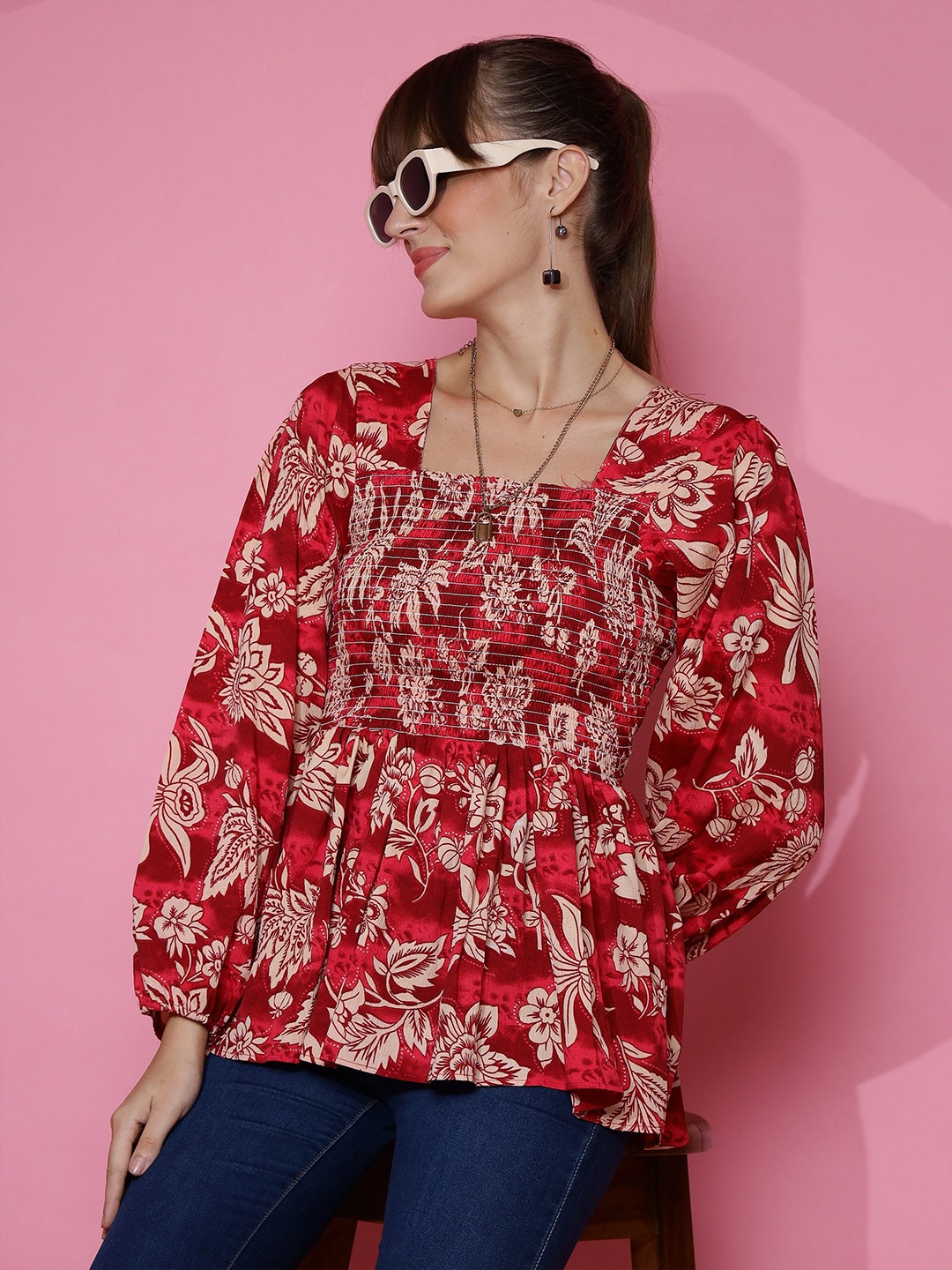 

SHEETAL Associates Floral Print Crepe Top, Red
