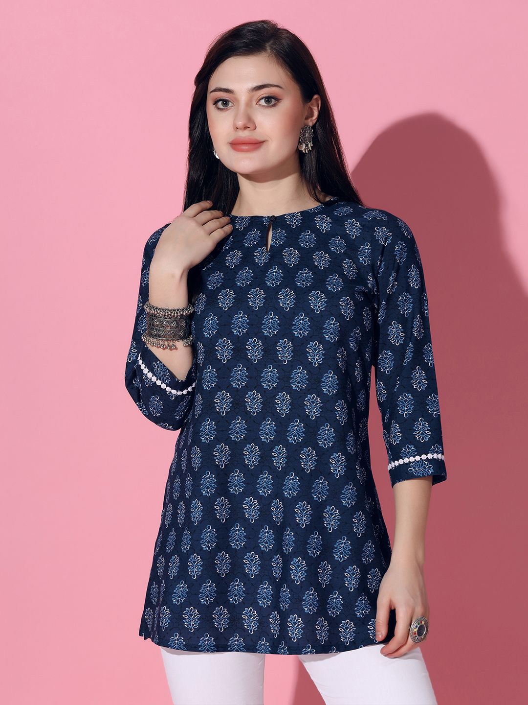 

BAESD Floral Print Cotton Top, Navy blue