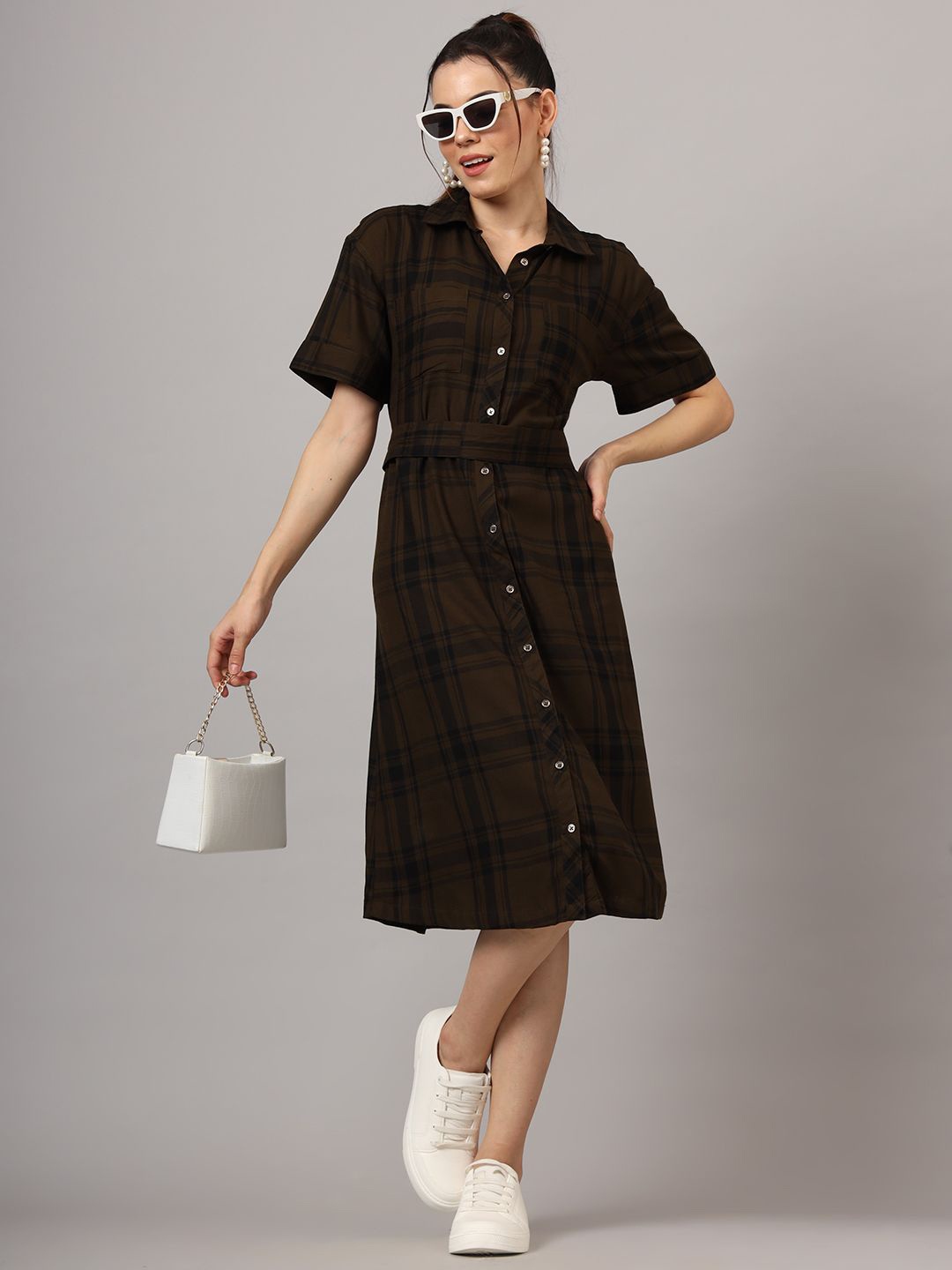 

CHARMGAL Checked Shirt Dress, Brown