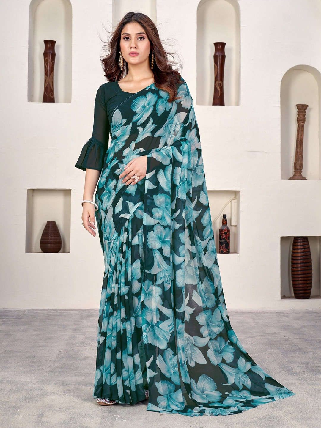

VARNI FABRICS Floral Pure Georgette Saree, Teal