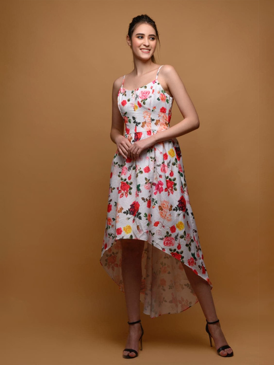 

MEEAMI FASHION Floral Printed High Low Hem Fit & Flare Dress, Off white