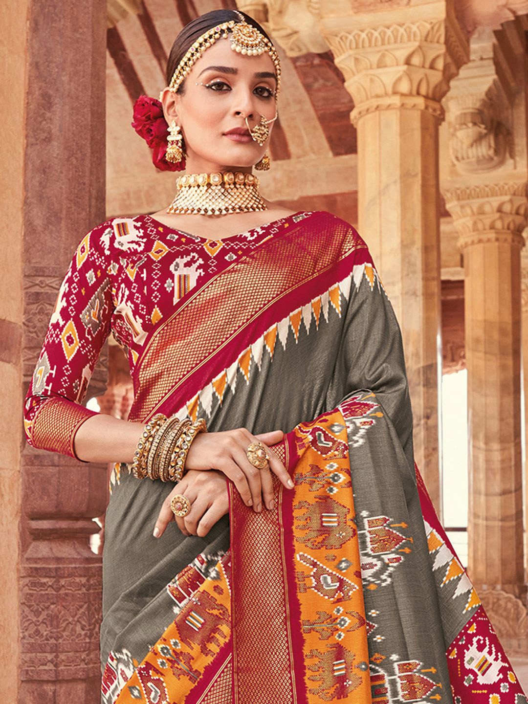 

Satrani Ethnic Motifs Zari Art Silk Patola Saree, Grey