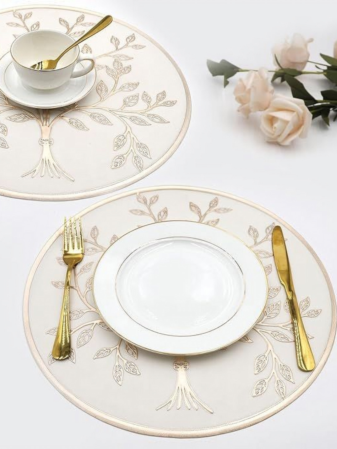 

Dakshya Industries 2 Pieces White & Gold-Toned Floral Round Table Placemats