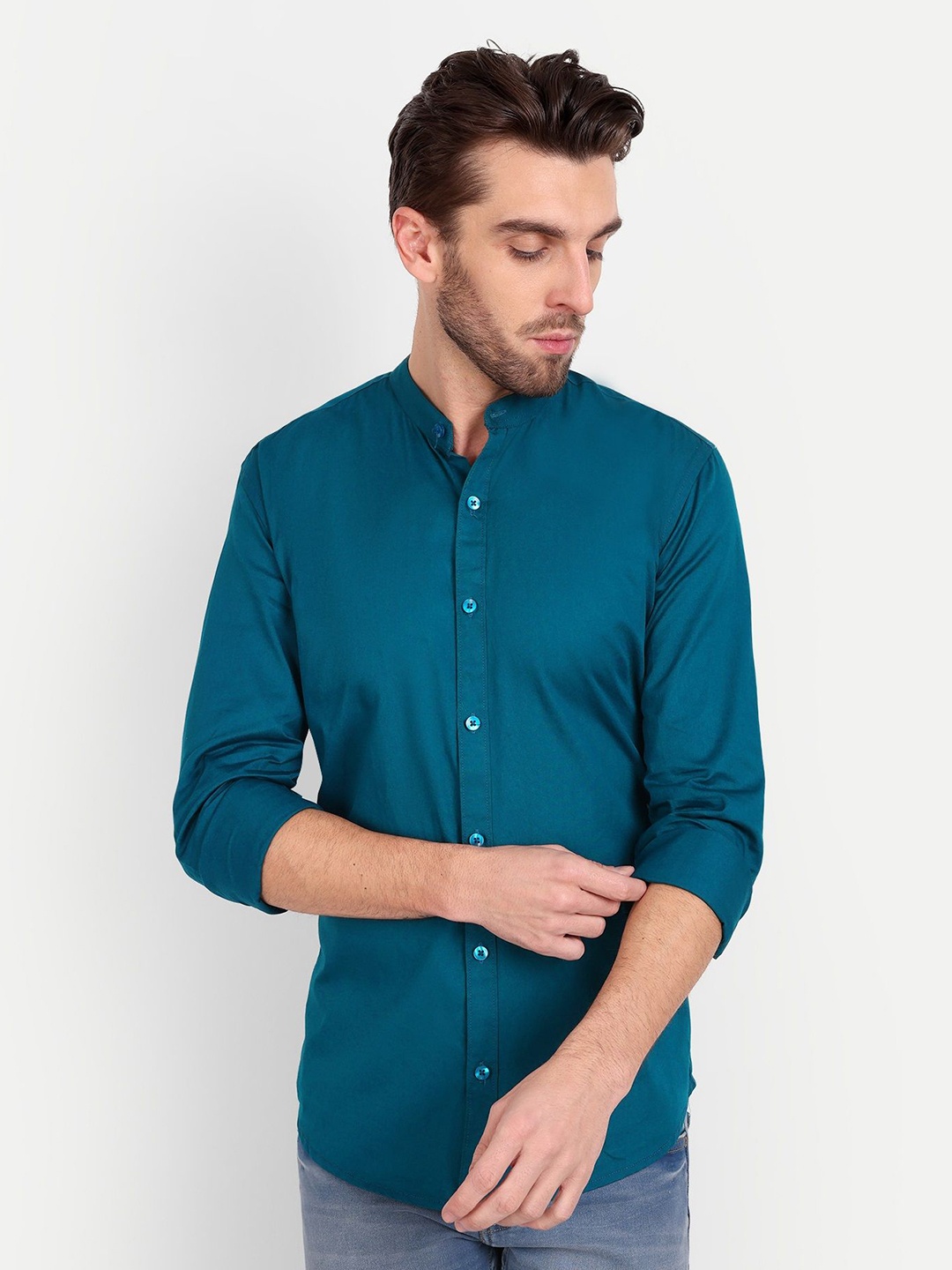 

MEGHZ Men Slim Fit Opaque Casual Shirt, Turquoise blue