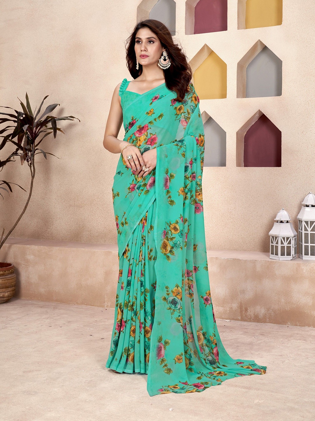 

VARNI FABRICS Pure Georgette Saree, Green