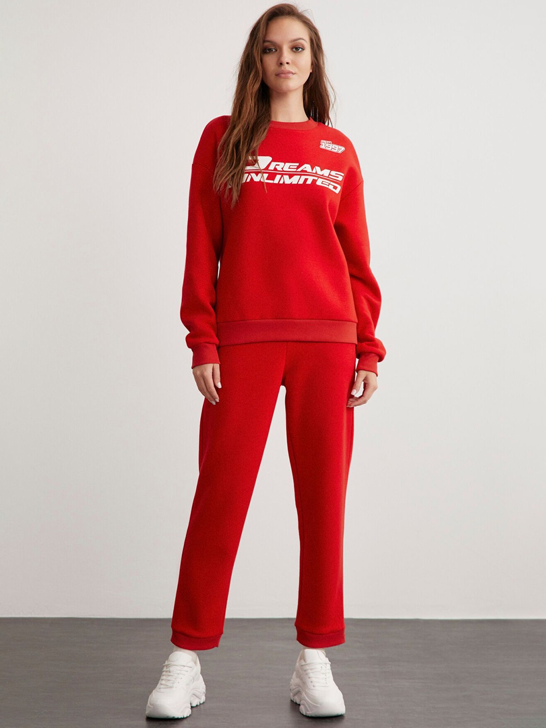 

GRIMELANGE Women Typography Printed Tracksuit, Red