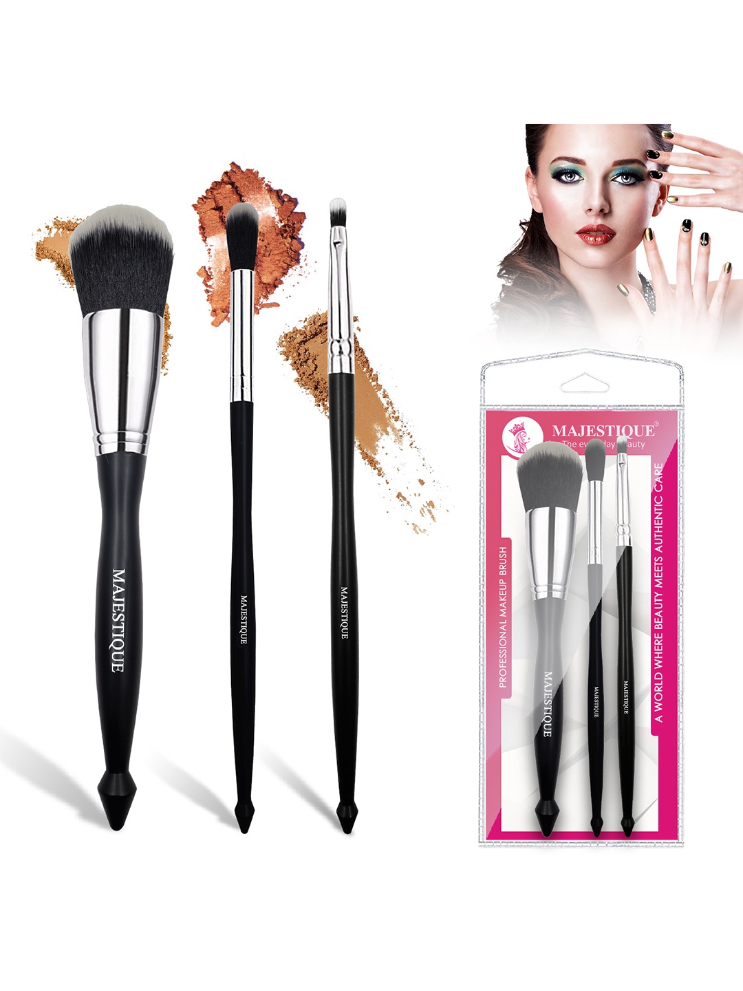 

MAJESTIQUE Set of 3 Premium Synthetic Professional Makeup Brushes, Red