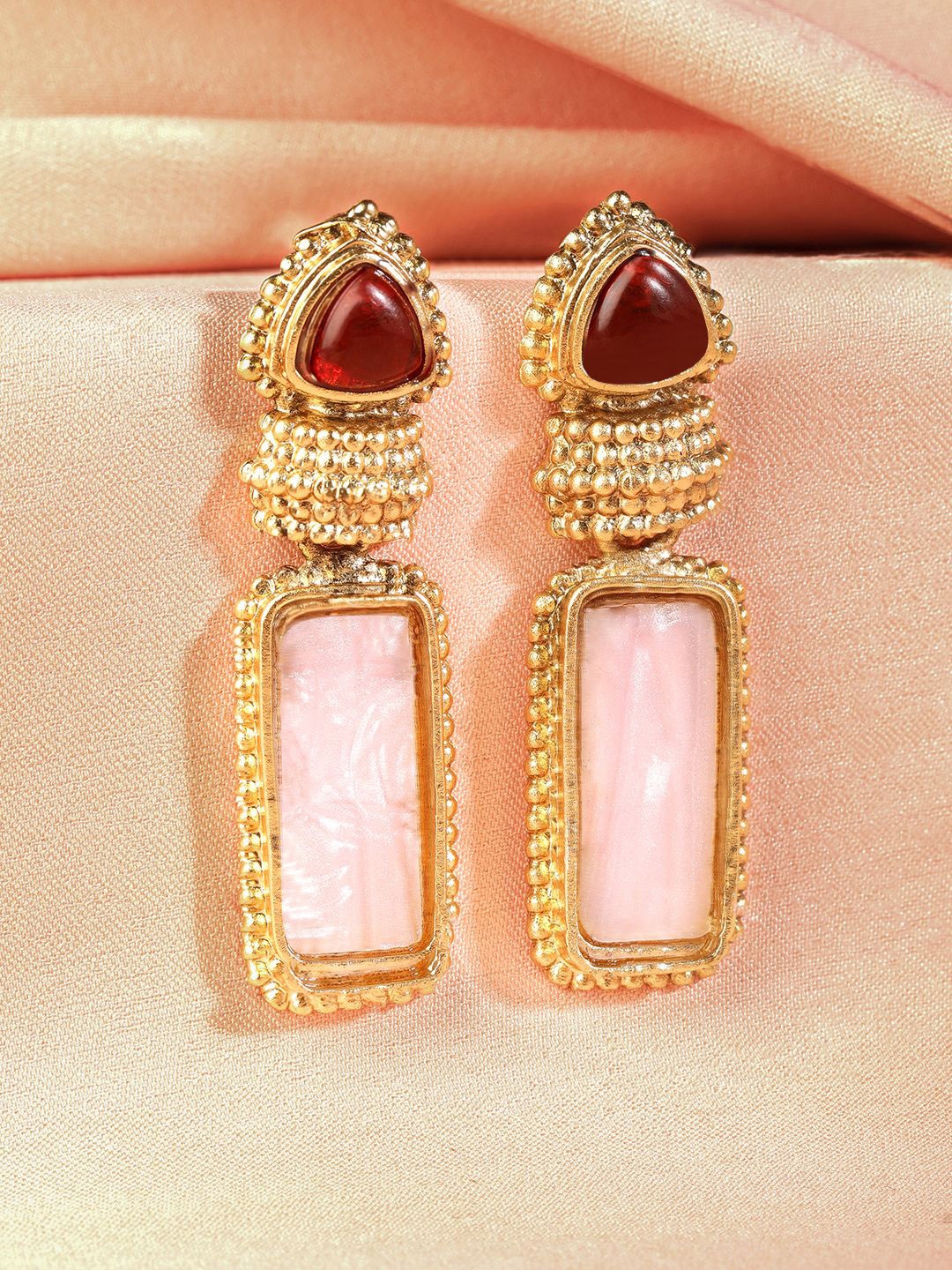 

Rubans 18K Gold Plated Ruby & Pale Pink Gemstone Studded Drop Earrings