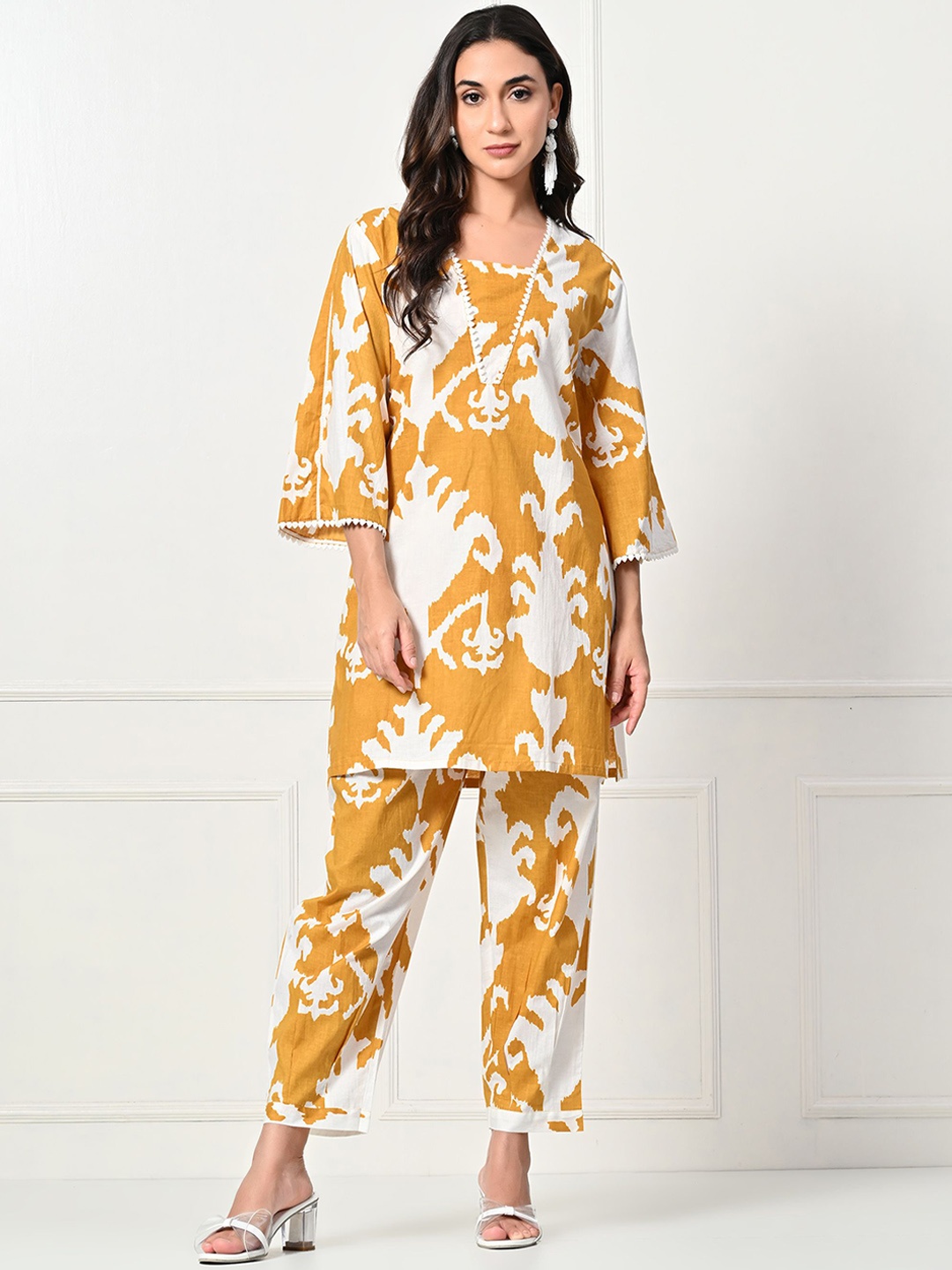 

Laado - Pamper Yourself Ikkat Printed Pure Cotton Tunic with Salwar, Mustard