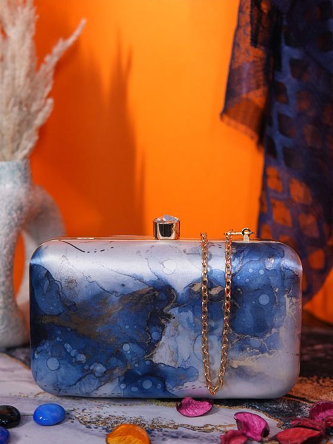 

Swisni Marble Printed Box Clutch, Blue