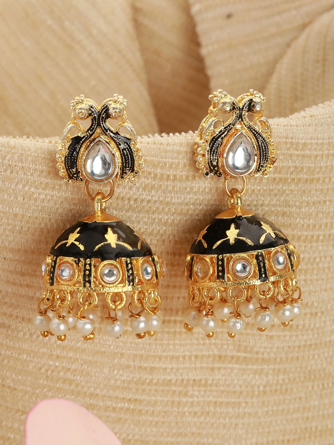 

Jazz and Sizzle Gold Plated Dome Shape Artificial Stones & Beads Studded Meenakari Jhumkas, Black
