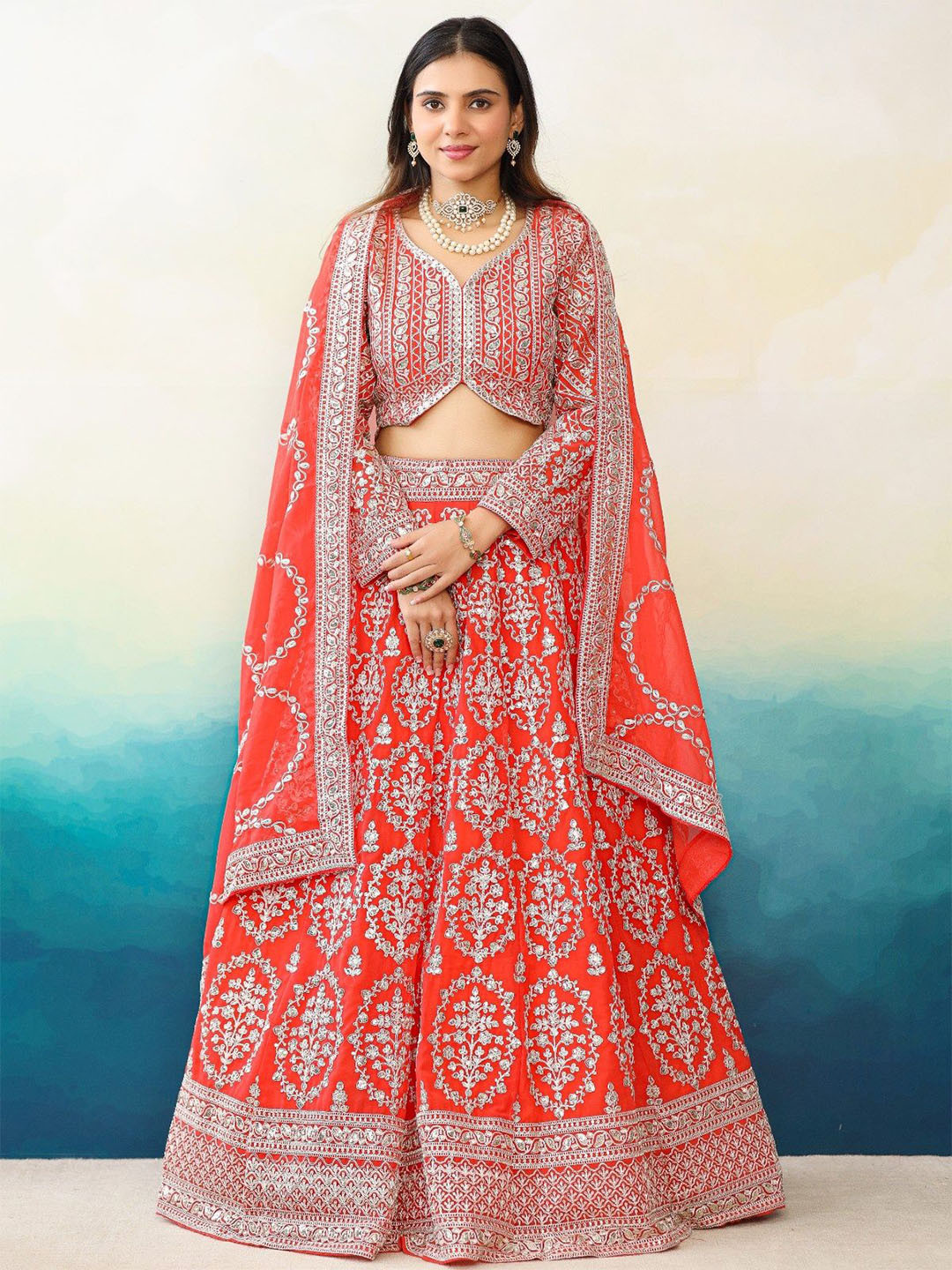 

Futra Gabha Embroidered V-Neck Georgette Ready to Wear Lehenga & Blouse With Dupatta, Orange
