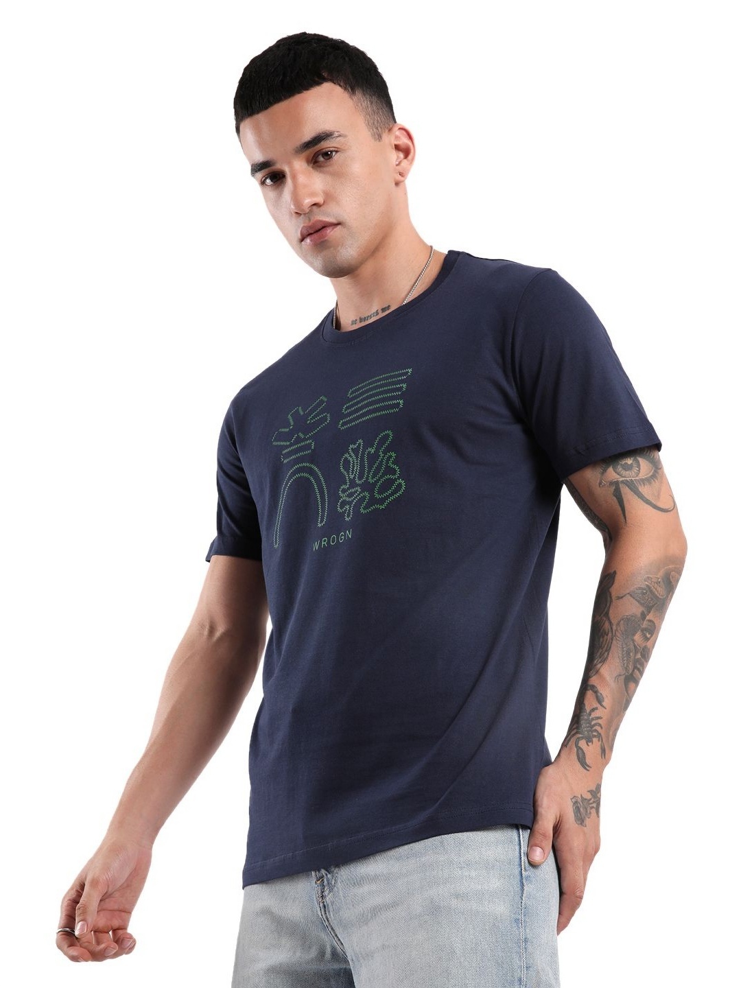 

WROGN Men Typography Printed Round Neck Cotton Slim Fit T-Shirt, Navy blue