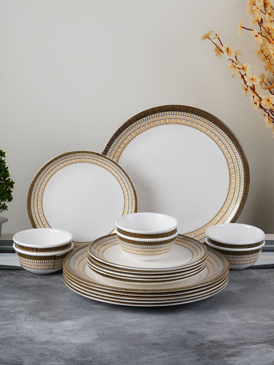 

Aura White and GoldToned 18 Pieces Printed Dinner Set
