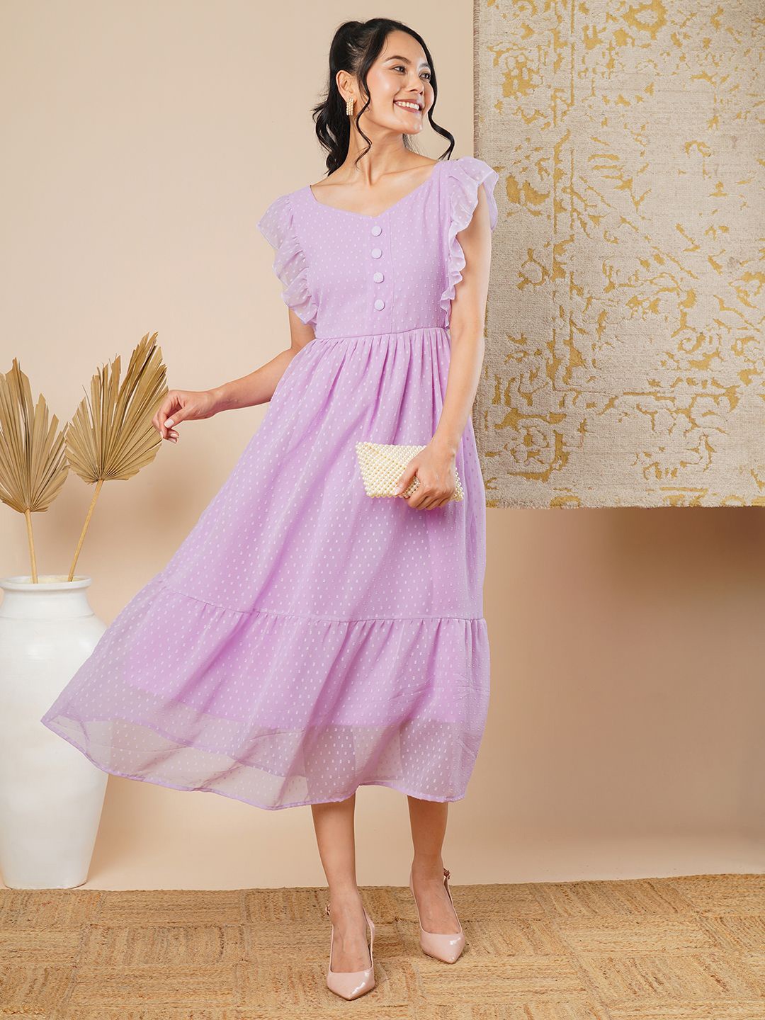 

CARTYSHOP Flutter Sleeve Dobby Woven Fit & Flare Midi Dress, Lavender