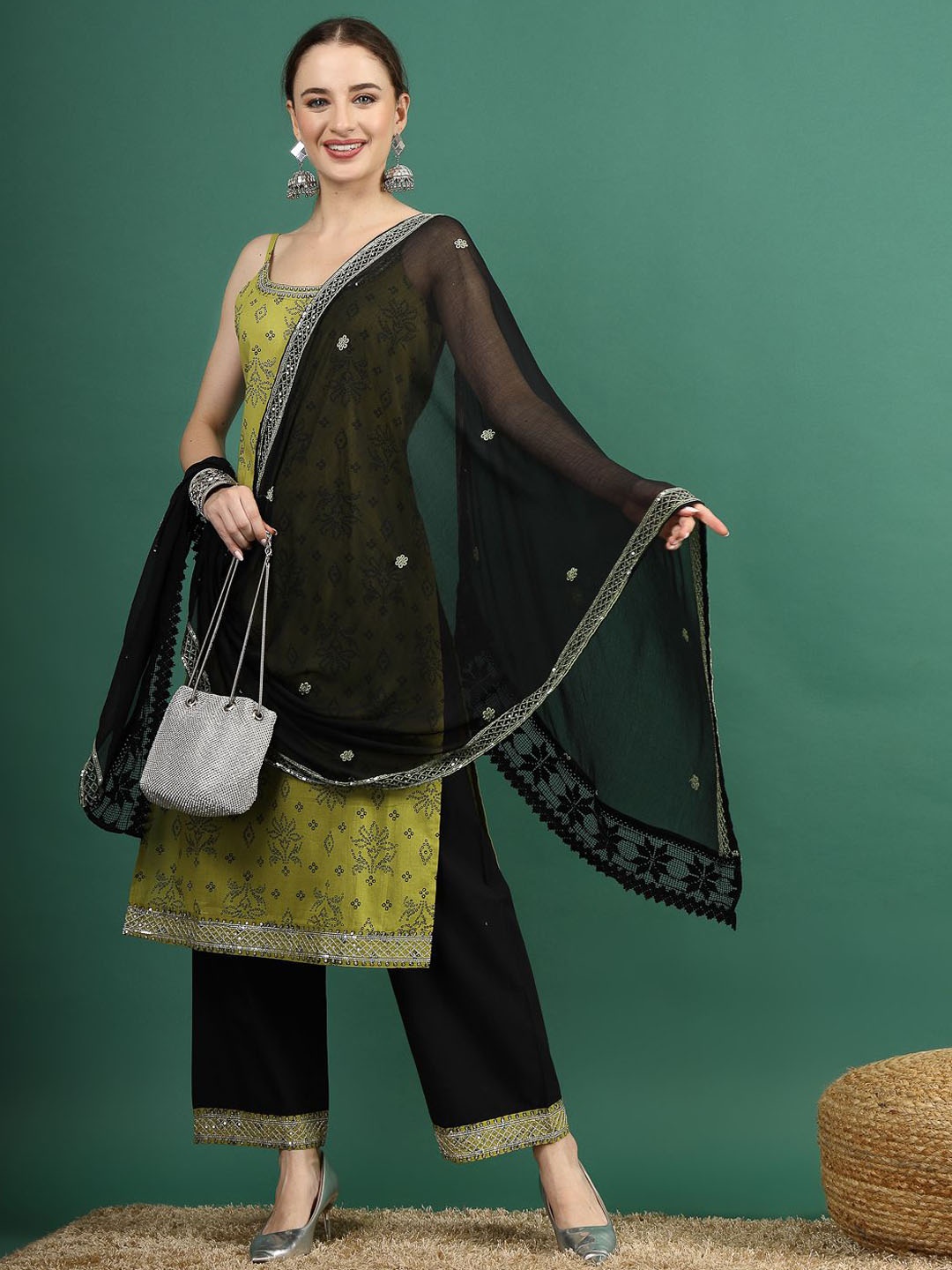 

Sangria Green Bandhani Embroidered Shoulder Straps Sequinned Kurta With Palazzo & Dupatta