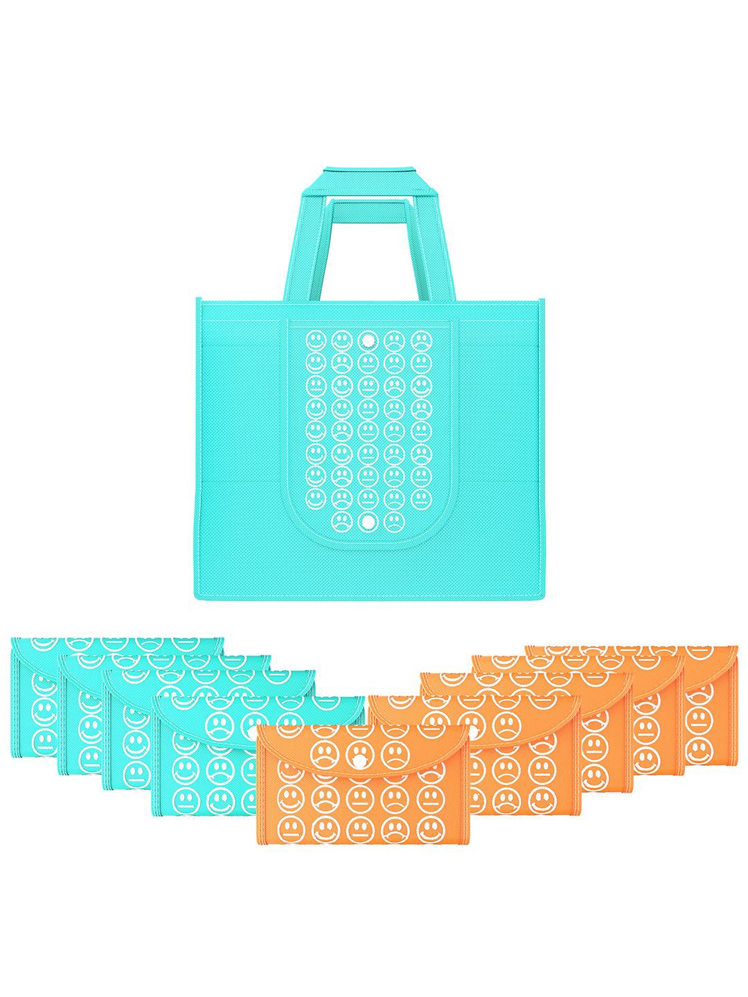 

Kuber Industries Set of 10 Smiley Printed Lightweight Foldable & Reusable Shopping Bags, Blue