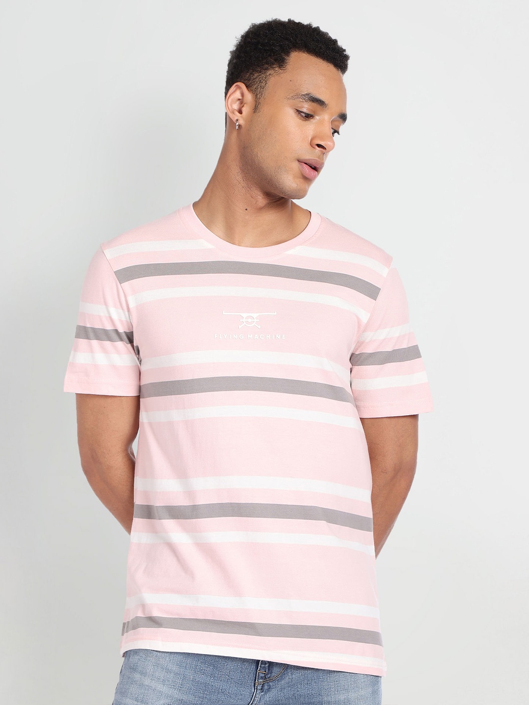 

Flying Machine Striped Pure Cotton T-shirt, Pink