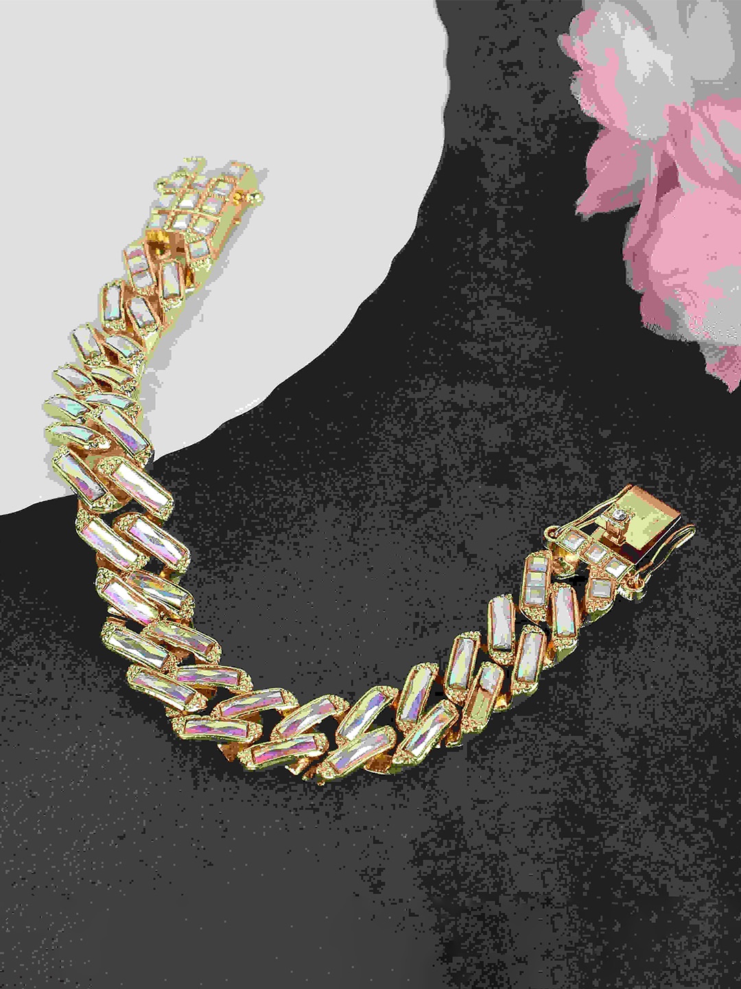 

Fashion Frill Unisex Gold-Plated Stainless Steel Crystals Studded Link Bracelet