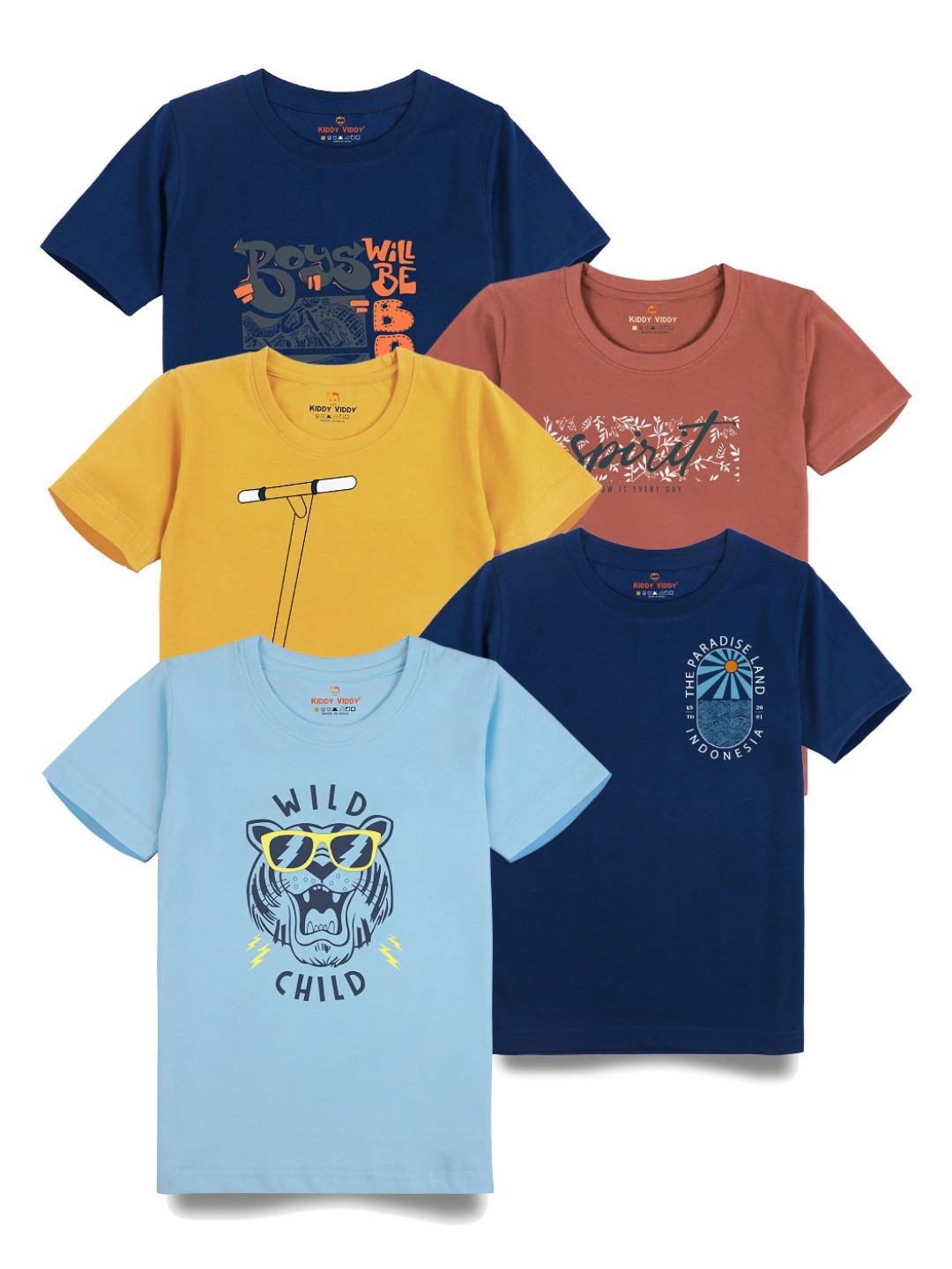

AUSK Boys Pack Of 5 Typography Printed Round Neck Cotton T-Shirts, Olive