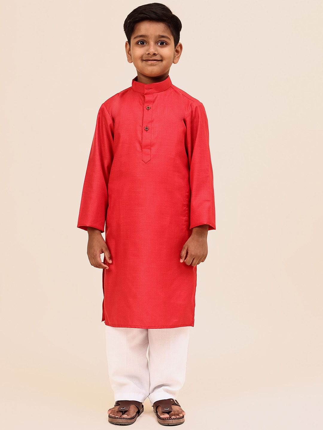 

Anouk Boys Solid Band Collar Knee Length Long Regular Sleeves Straight Kurta, Peach