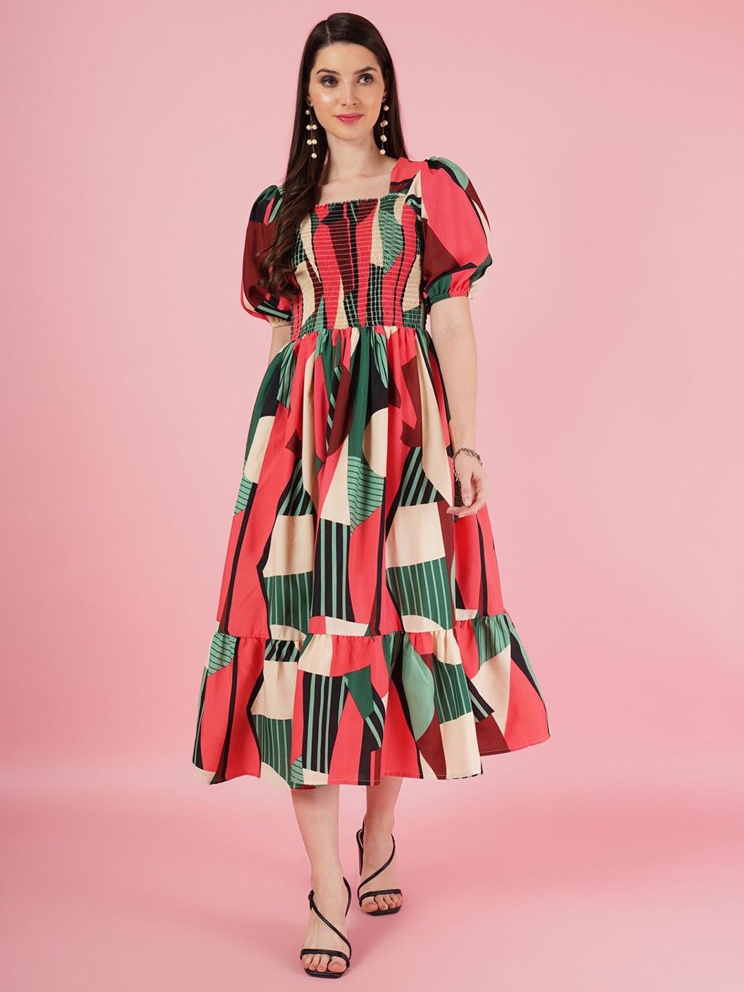 

Femvy Print Puff Sleeve Fit & Flare Dress, Green