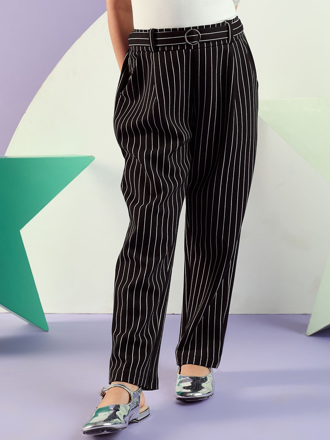 

Peppermint Girls Striped Straight Fit Pleated Trousers, Black