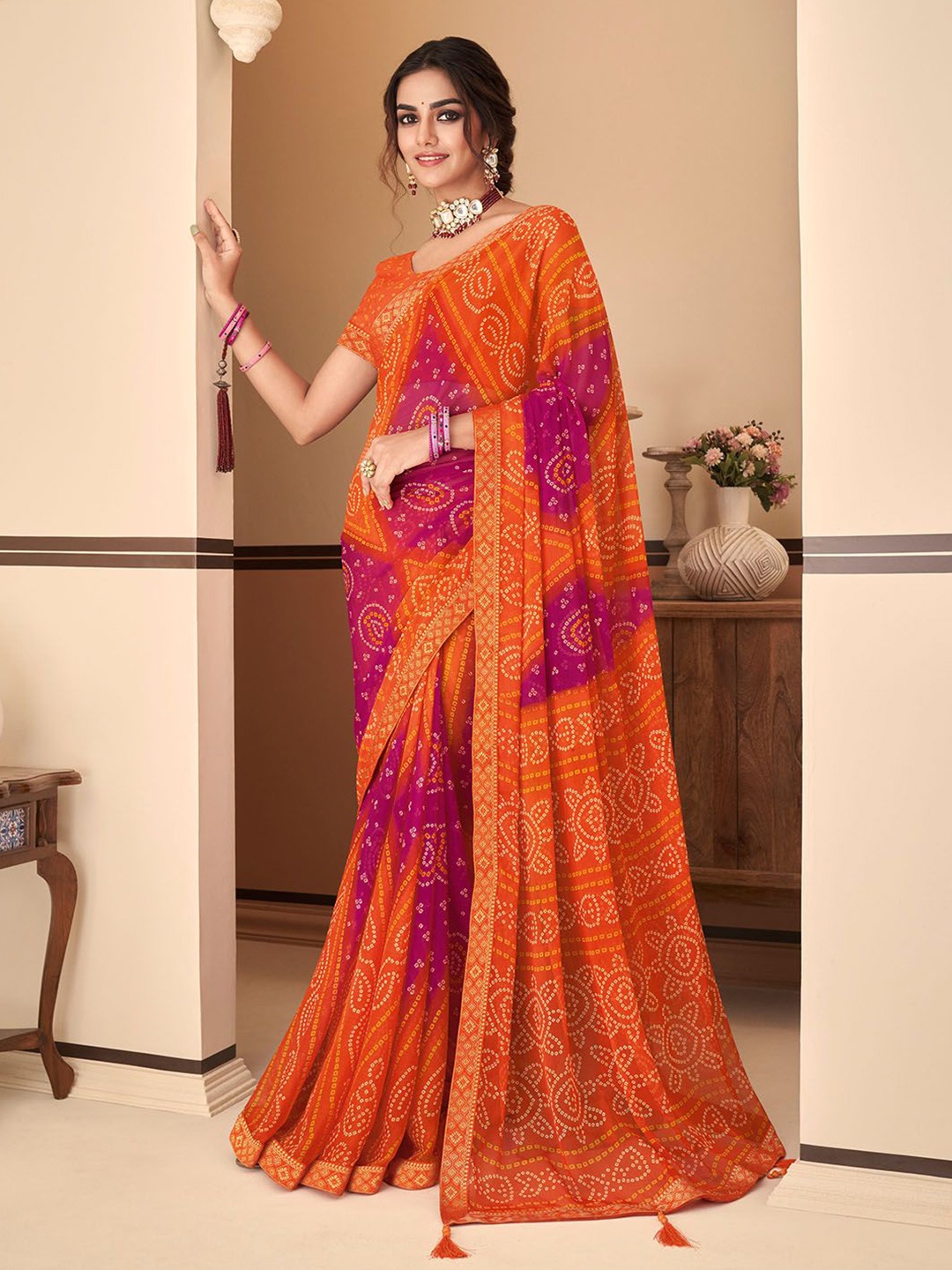 

Panzora Bandhani Zari Poly Chiffon Saree, Orange